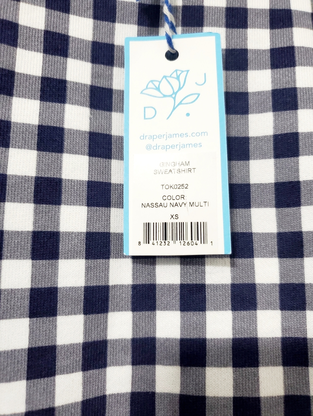 Draper James Natalie Nassau Navy and White Gingham Sweatshirt XS NEW - Picture 5 of 10